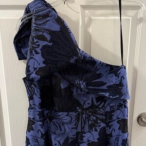 Donna Karan One-Shoulder Blue and Black Floral Dress
